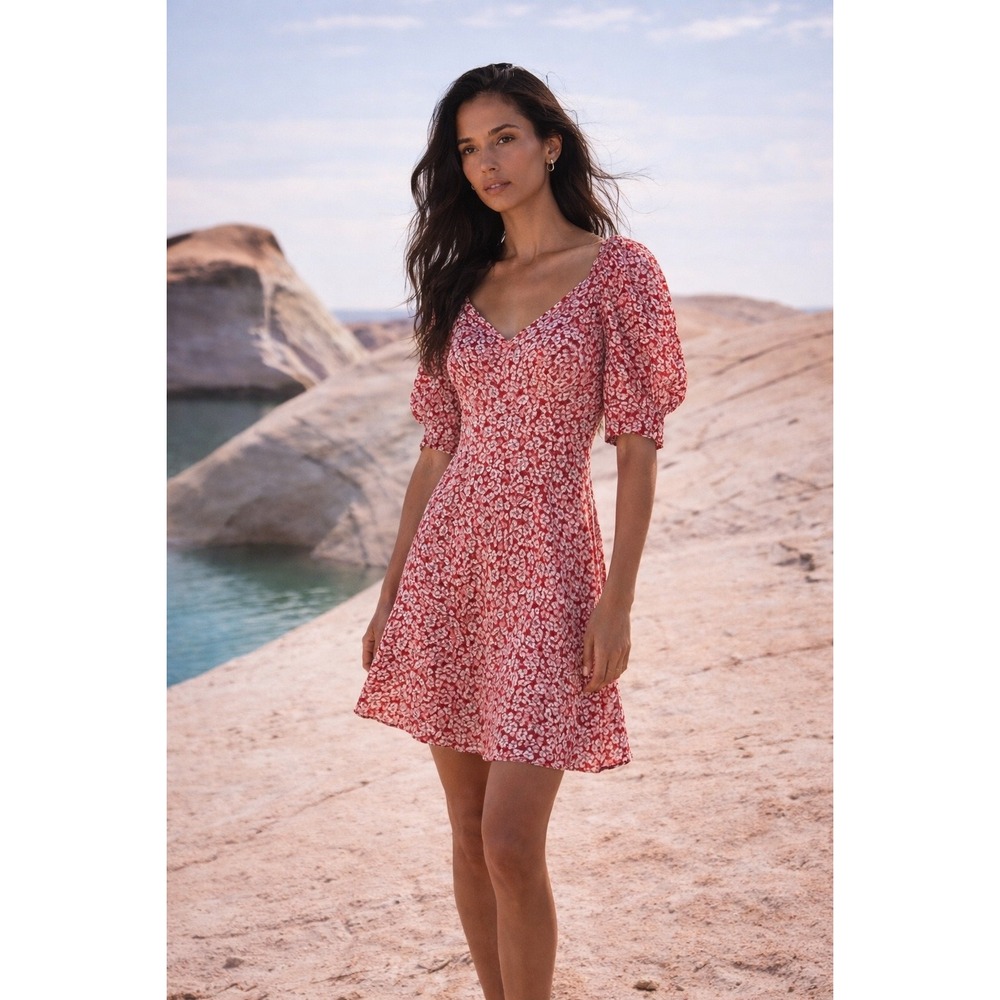 Madewell Red Floral Puff Sleeve Mini Dress Smocked‎ NWT Size 0
